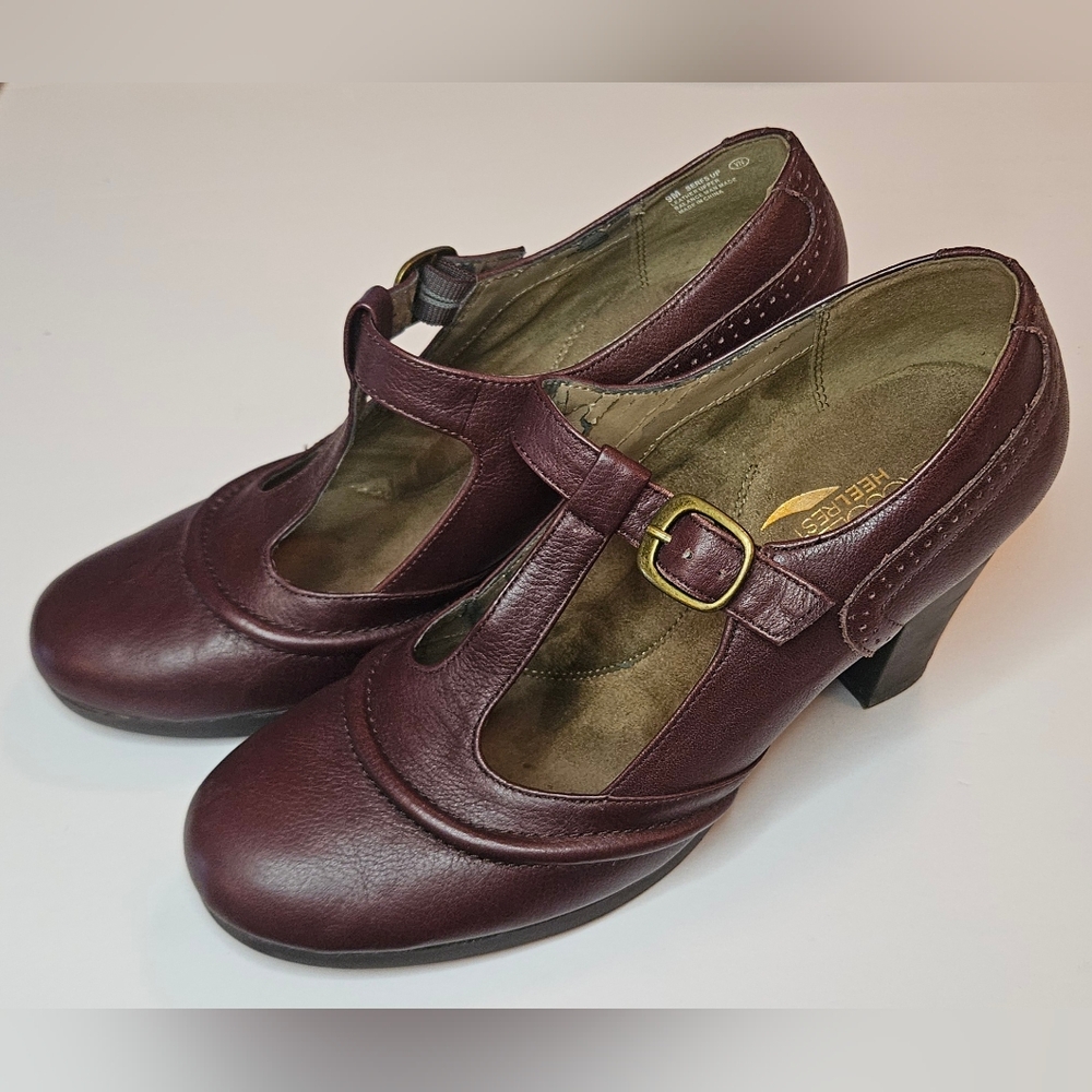 Aerosoles Heelrest Serfs Up T-Strap Leather Heels - Cordovan Burgundy - Sz US 9M